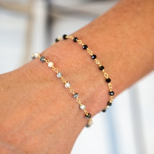 Minimalist Beaded Bracelets, Natural Gemstone Stacking Bracelets, Black Onyx White Opal Crystal Rosary Chain, Friend Group Bridesmaid Gifts