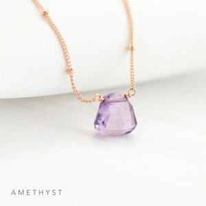 Dainty Stone Pendant Necklace, Simple Genuine Gemstone Necklace, Satellite Chain Choker, Real Birthstone Charm Jewelry, Birthday Gift Women Amethyst
