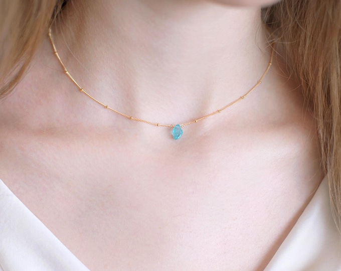 Raw Apatite Crystal Necklace, Blue Rough Stone Necklace, Bridesmaid Gift, Satellite Chain, Gold Filled, Boho Jewelry, Gift for Her