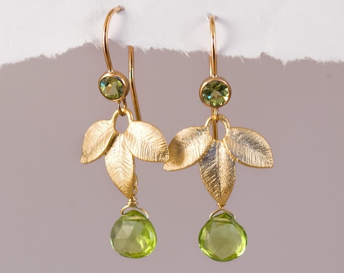 Dainty Peridot Earrings Gold, Mother of the Bride Earrings, August Birthday Gift, Elegant Leaf Dangle, Meaningful Jewelry Gift, Birthstones