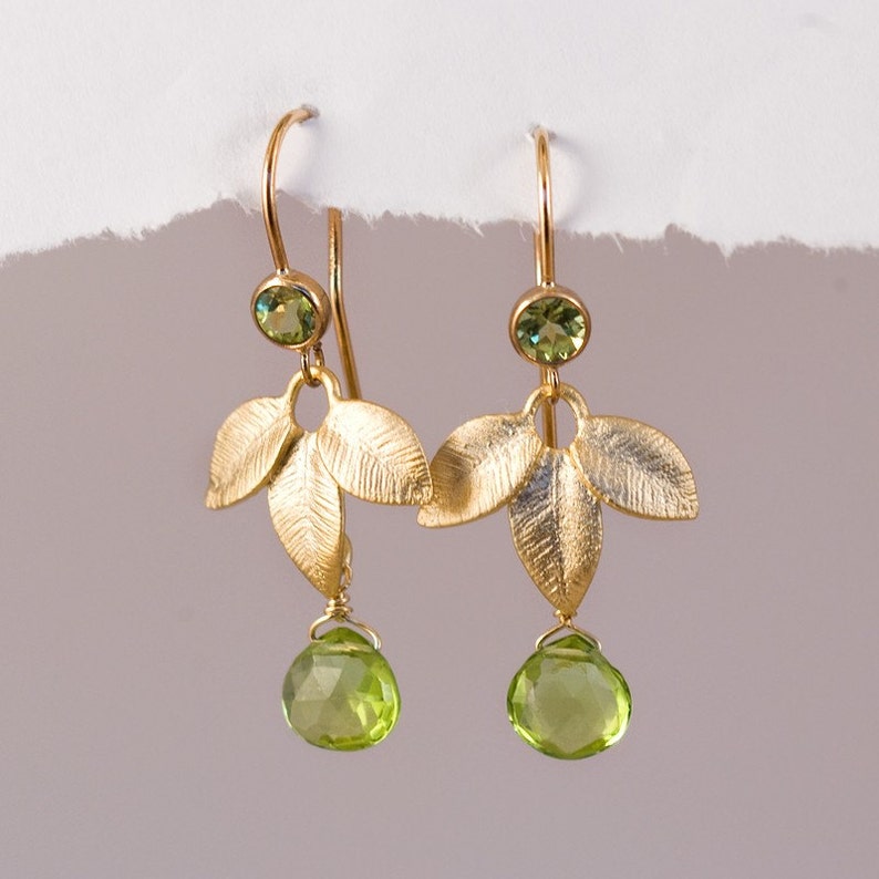 Dainty Peridot Earrings Gold, Mother of the Bride Earrings, August Birthday Gift, Elegant Leaf Dangle, Meaningful Jewelry Gift, Birthstones image 1