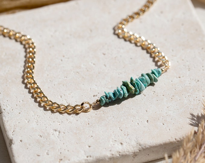 Real Turquoise Bar Choker, Chunky Layering Statement Necklace, Thick Gold Cuban Curb Link Chain, Beaded Raw Crystal December Birthday Gift