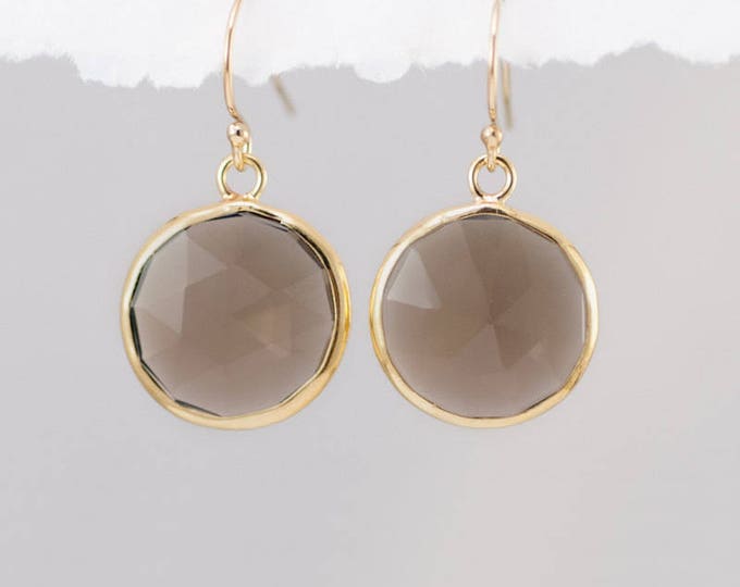 Smokey Quartz Earrings - Brown Quartz Earrings - Round Gemstone Earrings - Gold Earrings - Drop Earrings
