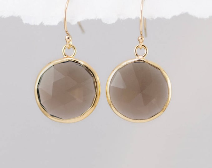 Smokey Quartz Earrings, Brown Crystal Quartz Earrings, Round Gemstone Earrings Gold, Minimalist Jewelry Birthday Gift, Dangle Drop Hooks
