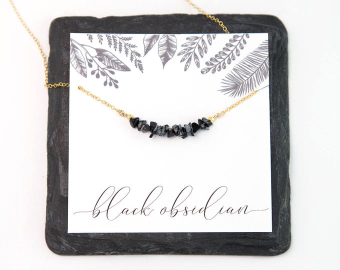 Black Obsidian Raw Crystal Bar Necklace, Minimalist Choker, Rough Stone Necklace, Semi-Precious Black Stone,  Gift