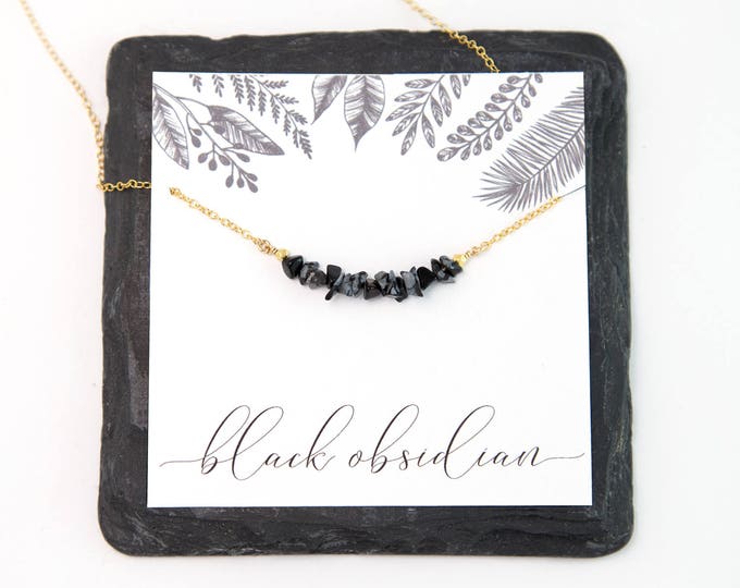 Black Obsidian Raw Crystal Bar Necklace, Minimalist Gemstone Layering Choker, Semi Precious Stone Necklace, Protection Crystal Jewelry Gift