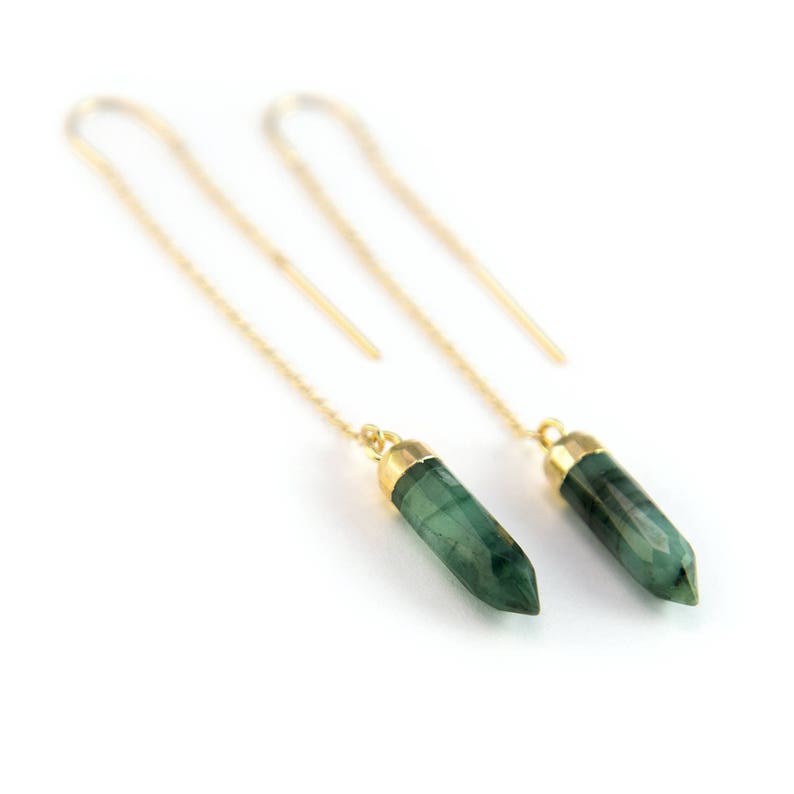 Raw Emerald Threaders Gold, Natural Stone Earrings, Emerald Earrings Dangle, May Birthstone Earrings, Holiday Gifts for Her, TH-B 