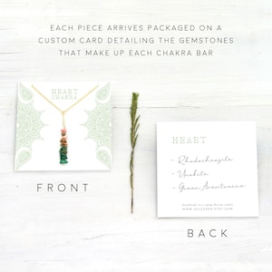 May include: A heart chakra necklace with a card detailing the gemstones: Rhodochrosite, Unakite, and Green Aventurine. The card reads "Handmade in a cozy Boston studio WWW.DELEZHEN ETSY.COM".