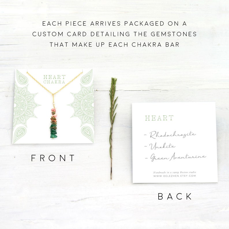 May include: A heart chakra necklace with a card detailing the gemstones: Rhodochrosite, Unakite, and Green Aventurine. The card reads "Handmade in a cozy Boston studio WWW.DELEZHEN ETSY.COM".