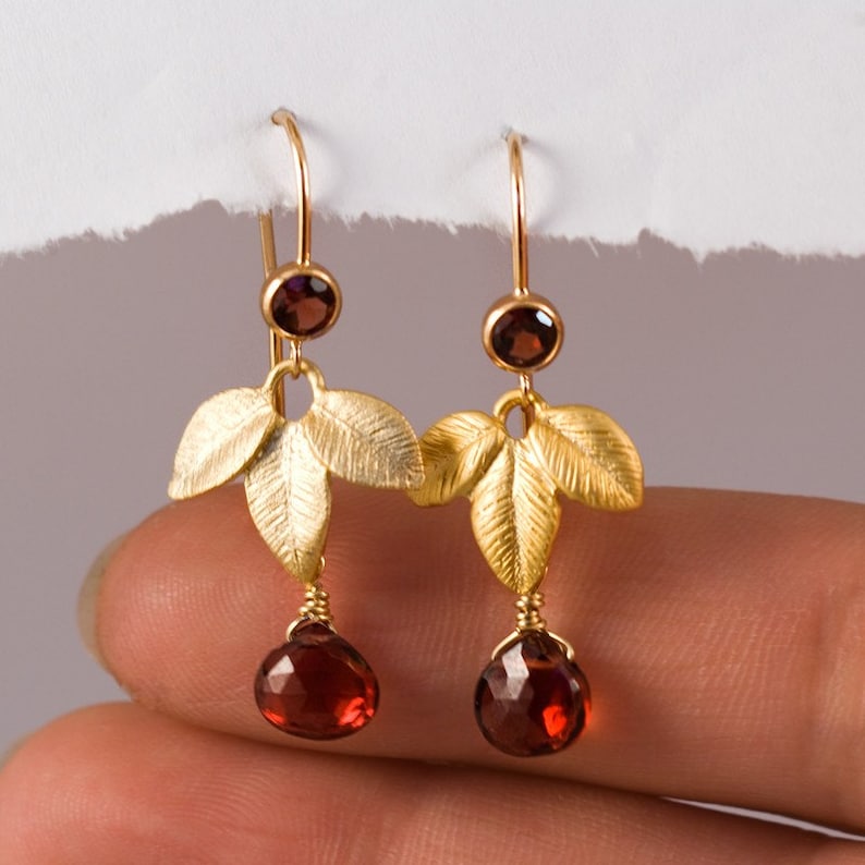 Tiny Garnet Drop Earrings, Elegant Gold Leaf Earrings, January Birthstone Gift, Dangle Earrings for Mom, Nature Inspired Jewelry, Delicate image 2