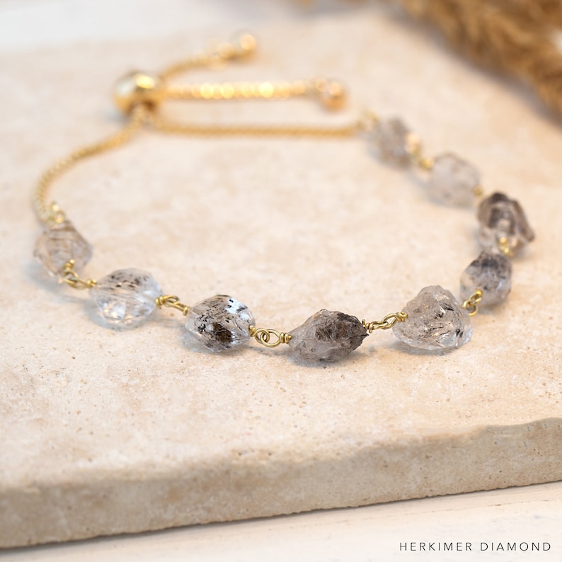 Raw Diamond Bracelet, Herkimer Diamond Beaded Bracelet Adjustable, Raw Crystal Stacking Chain Bolo Bracelet, Minimalist Bridal Jewelry Gift image 3