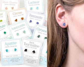 Tiny Raw Crystal Studs, Genuine Gemstone Earring Sets,  Crystal Jewelry, Rough Birthstone 925 Silver Studs, Bridesmaid Group Gifts