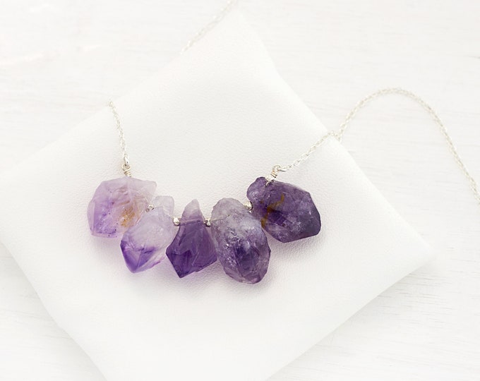 Purple Amethyst cluster Crystal Necklace, Gemstone Bar Necklace, Amethyst Jewelry, February Birthday Gift, Raw Amethyst, Statement Necklace