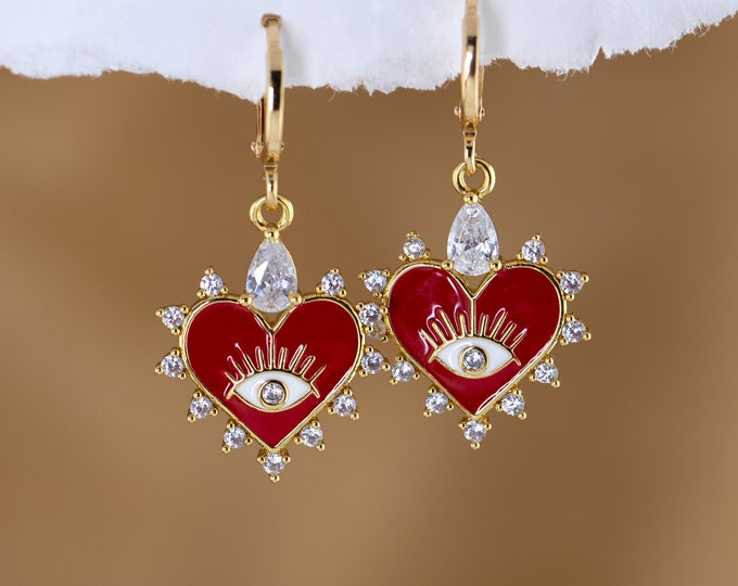 Heart Evil Eye Earrings, Sacred Heart Earrings, Diamond Earrings, Statement Earrings, Heart Hoop Huggies, Funky Earrings, soul sister gift