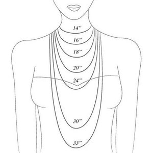 May include: A line drawing of a person's neck and shoulders with different lengths of necklaces marked with measurements in inches: 14", 16", 18", 20", 24", 30", and 33".