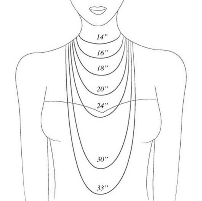 May include: A line drawing of a person's neck and shoulders with different lengths of necklaces marked with measurements in inches: 14", 16", 18", 20", 24", 30", and 33".