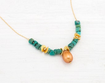 Turquoise Burnt Orange Pearl Necklace, Turquoise Jewelry, Southwestern Jewelry, Gold Pearl Necklace, Statement Jewelry Set