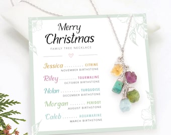 Silver Raw Crystal Dainty Birthstone Necklace for Grandma, Personalized Christmas Card with Kid's Names Meaningful Family Jewelry Gift