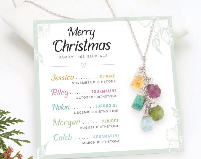 Silver Raw Crystal Dainty Birthstone Necklace for Grandma, Personalized Christmas Card with Kid's Names Meaningful Family Jewelry Gift