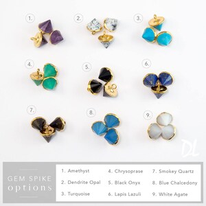 May include: Nine different gemstone spike options for jewelry making. The spikes are made of amethyst, dendrite opal, turquoise, chrysoprase, black onyx, lapis lazuli, smokey quartz, blue chalcedony, and white agate.