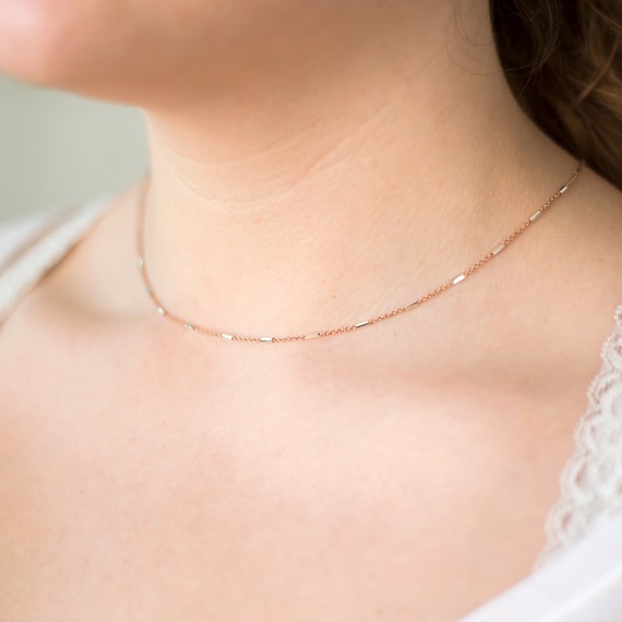 Dainty Layering Necklace, Thin Gold Chain, Sterling Silver, Rose