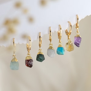 Stocking Stuffers, Minimalist Colorful Mix Match Raw Crystal Huggies Hoops Gold, Dainty Hoop Earrings, Birthstone Earrings, Winter Jewelry