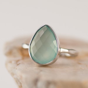 Aqua Blue Chalcedony Ring Silver Stackable Ring Sea Foam Green Ring Tear Drop Ring Solitaire Ring image 2