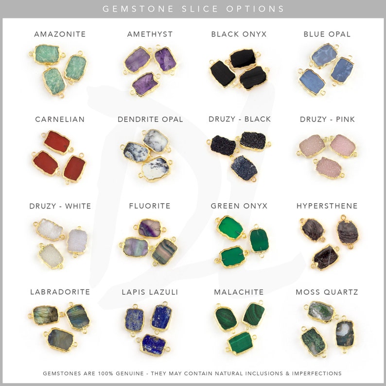 May include: Assortment of gemstone slices with gold jump rings. The slices are arranged in rows with the name of each gemstone listed above each slice. The gemstones include Amazonite, Amethyst, Black Onyx, Blue Opal, Carnelian, Dendrite Opal, Druzy Black, Druzy Pink, Druzy White, Fluorite, Green Onyx, Hypersthene, Labradorite, Lapis Lazuli, Malachite, and Moss Quartz.