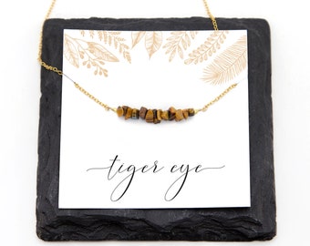 Natural Tiger Eye Bar Necklace, Dainty Chain Layering Choker, Genuine Beaded Gemstone Necklace, Tiger's Eye Handmade Jewelry, Christmas Gift