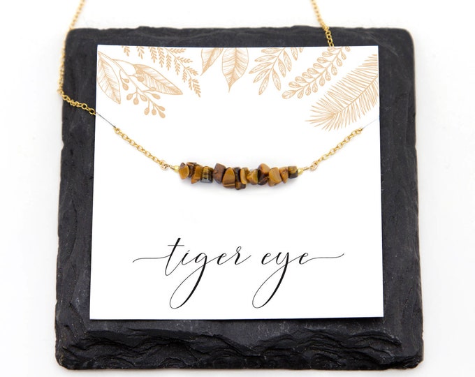 Natural Tiger Eye Bar Necklace, Dainty Chain Layering Choker, Genuine Beaded Gemstone Necklace, Tiger's Eye Handmade Jewelry, Christmas Gift