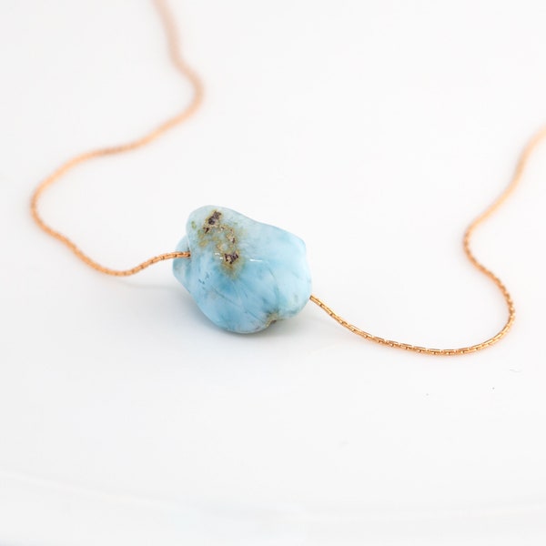 Natural Blue Larimar Necklace Pendant, Raw Rough Crystal Nugget Necklace, 14k Gold Filled Minimalist Necklace, Handmade Layering Necklace