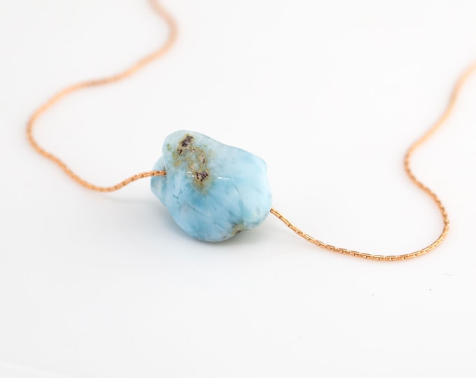 Natural Blue Larimar Necklace Pendant, Raw Rough Crystal Nugget Necklace, 14k Gold Filled Minimalist Necklace, Handmade Layering Necklace