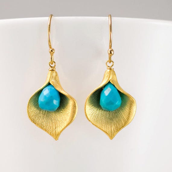 Turquoise Dangle Earrings, December Birthstone Jewelry, Calla lily Earrings, Nature Inspired Jewelry, Boho Turquoise Earring, Birthday Gift