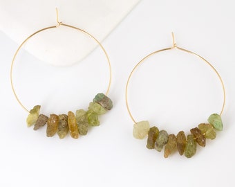 Raw Rough Green Garnet Gold Hoop Earrings, Crystal Earrings Hoops, January Birthstone Jewelry, Gift for Best Friend, Boho Cute Earrings