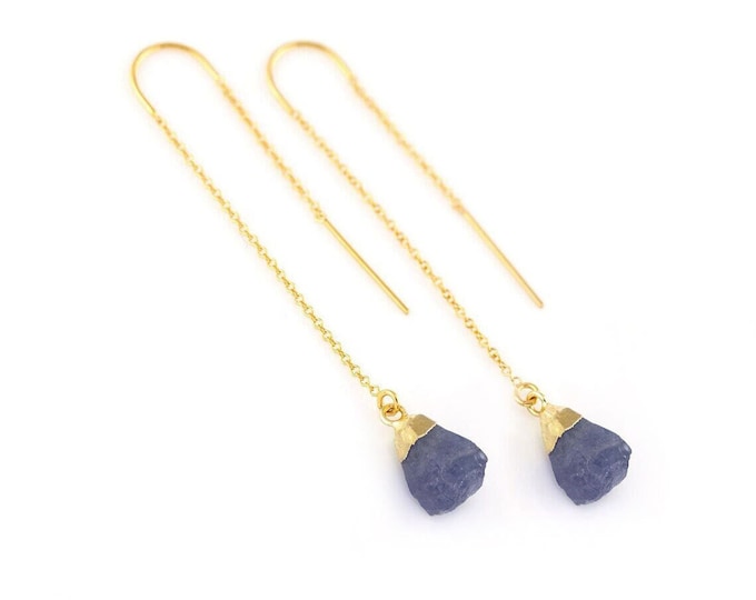 Tanzanite Crystal Drop Earring, Long Minimalist Threader Earrings, Bridesmaid Gift, Decmeber Birthstone Ear Threaders, Raw Crystal Earrings