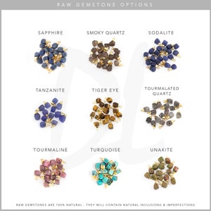 Op de afbeelding: Assortiment van ruwe edelsteenopties voor het maken van sieraden. De edelstenen worden weergegeven in een raster met negen verschillende soorten: saffier, rookkwarts, sodaliet, tanzaniet, tijgeroog, tourmalijnkwarts, toermalijn, turquoise en unakiet. Elke edelsteen is bevestigd aan een gouden sprongring.