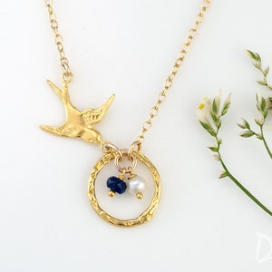 Bird Nest Charm Necklace Gold, Custom Birthstone Necklace, Egg Nest Mama Bird Necklace, Gold Dove Necklace, Gift for Mom, Gift for Grandma