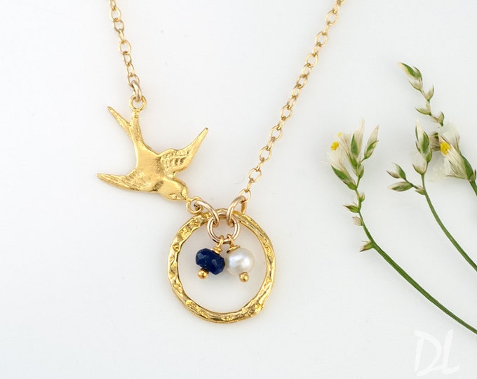 Bird Nest Charm Necklace Gold, Custom Birthstone Necklace, Egg Nest Mama Bird Necklace, Gold Dove Necklace, Gift for Mom, Gift for Grandma