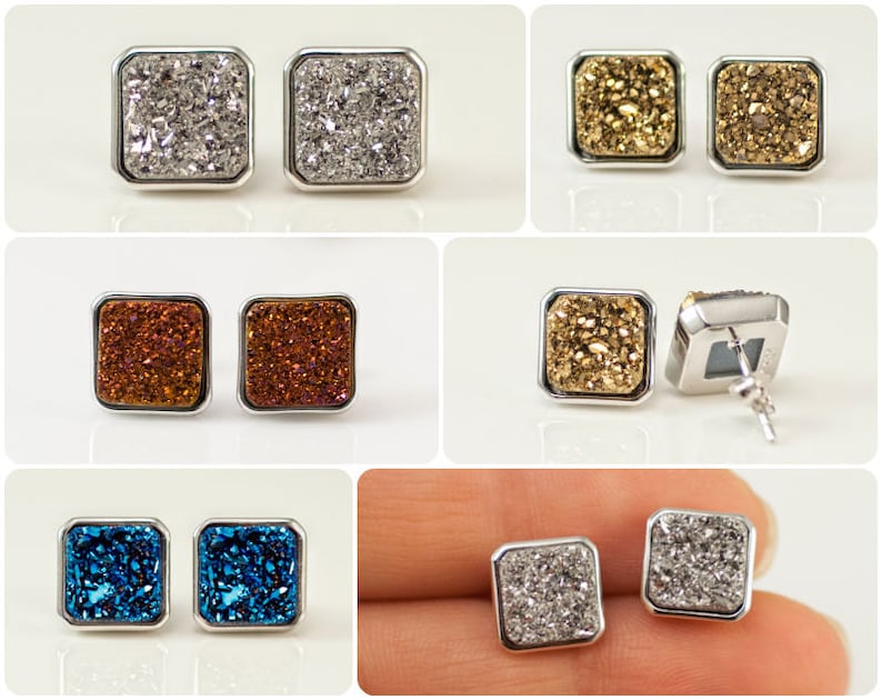 May include: A set of silver earrings with square-shaped agate stones. The stones are in various colors, including silver, gold, brown, and blue.