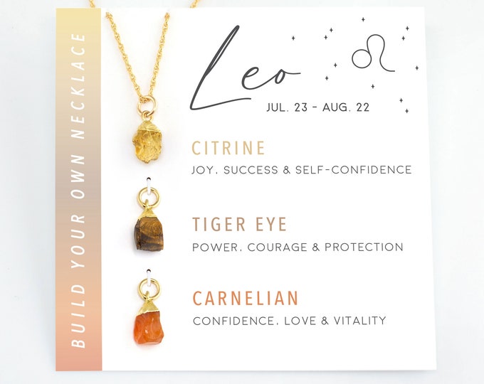 Zodiac Leo Crystal Set Necklace, Raw Crystal Pendants for August Birthday, Tiger Eye, Citrine, Raw Carnelian Necklace, Astrology Crystals