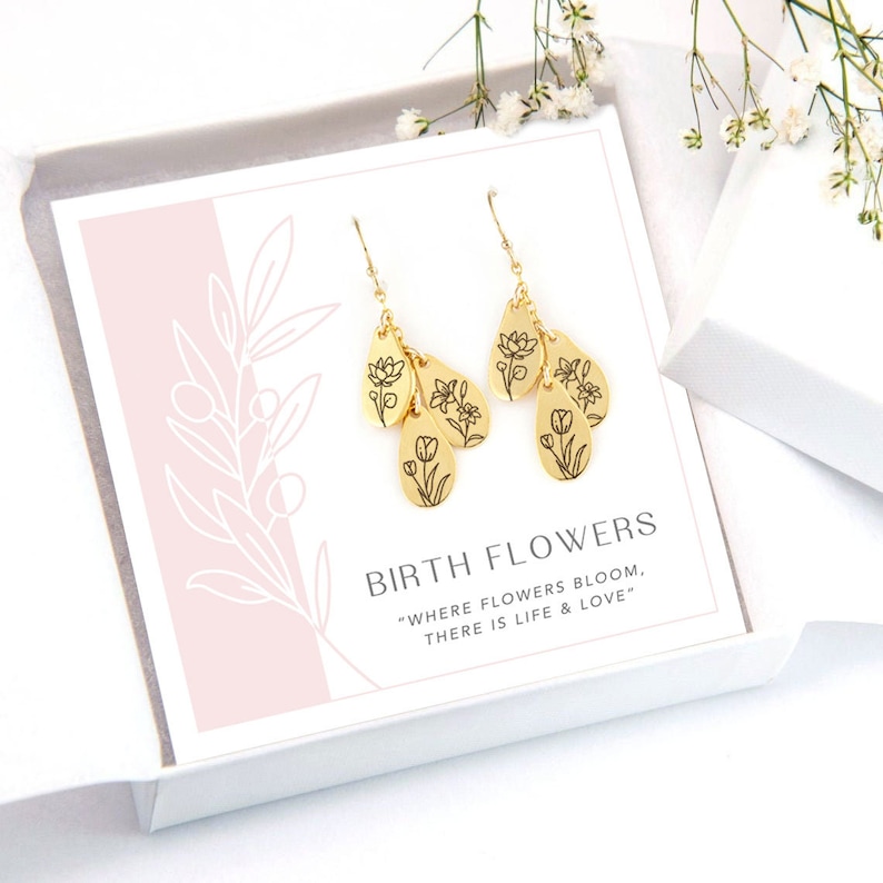 Family Birth Flower Earrings, Personalized Birthday Gift, Birthstone Generations Jewelry for Grandma Birth Month Floral Dangle image 2