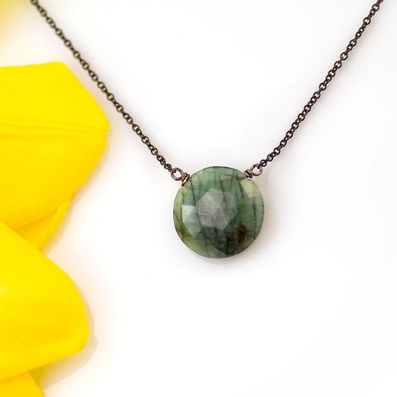 Natural Gemstone Necklace Everyday Necklace Round Emerald Pendant Necklace Black Silver Boho Round Stone Choker May Birthstone Necklace