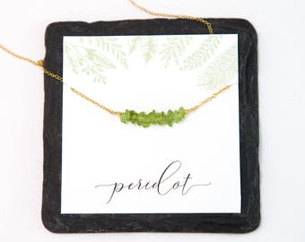 Raw Peridot Crystal August Birthstone Necklace, Raw Chip Bar Necklace, Leo Zodiac Gift, Natural Chip Stones, Boho Necklace, Christmas Gift
