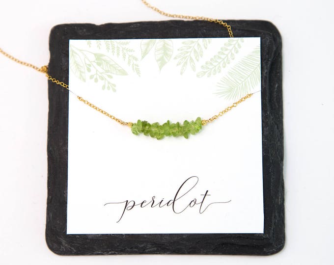 Raw Peridot Crystal August Birthstone Necklace, Raw Chip Bar Necklace, Leo Zodiac Gift, Natural Chip Stones, Boho Necklace, Christmas Gift