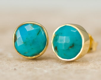 Natural Turquoise Stud Earrings, Gold Round Gemstone Studs, Boho Earrings, Gift for Friend, Trending Earrings, Gold Framed Stone Earrings