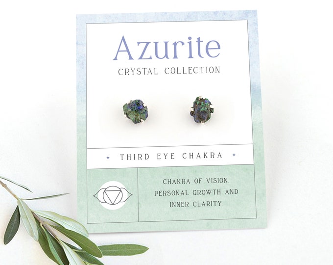 Natural Rough Gemstone Studs, Tiny Azurite Malachite Silver Earrings, Intuition Balance Raw Crystal  Jewelry Gifts, Prong Claw Studs