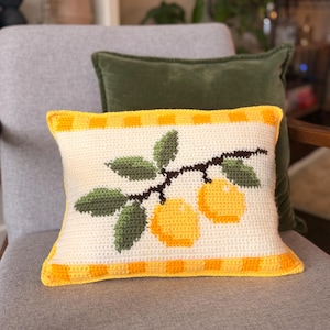 Peut inclure: Un coussin rectangulaire en crochet avec un panneau central crème orné d'une branche marron foncé, de feuilles vertes et de deux citrons jaunes. Le coussin est bordé d'une bordure à carreaux jaunes et orange sur les bords supérieur et inférieur.