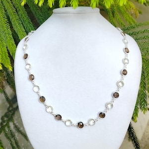 Faceted Gemstone Bezel Set Chain, Smoky Quartz and Clear Crystal Necklace, Sterling Silver Gemstone Necklace, Perfect Necklace For Women