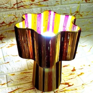 Handmade Raffia Lampshade: Moroccan Wavy Design, Purple Yellow Orange