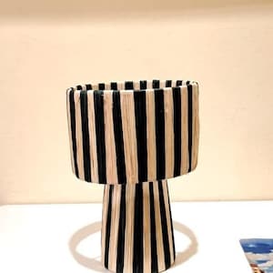 Handmade Raffia Table Lamp: Black and Beige Striped Natural Lighting
